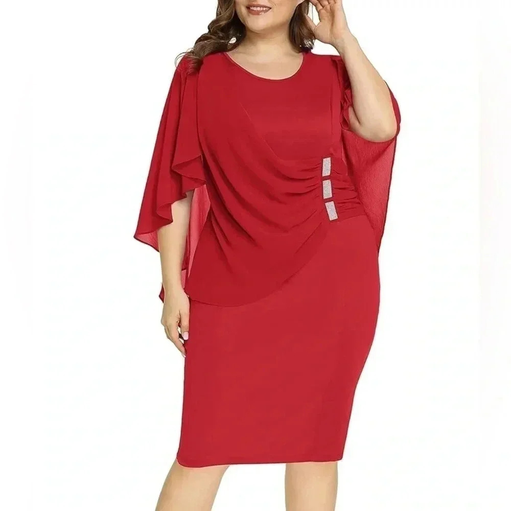 Hanna Nikole NWT Chiffon Ruffle Flattering Cape Sleeve Bodycon Pencil Dress